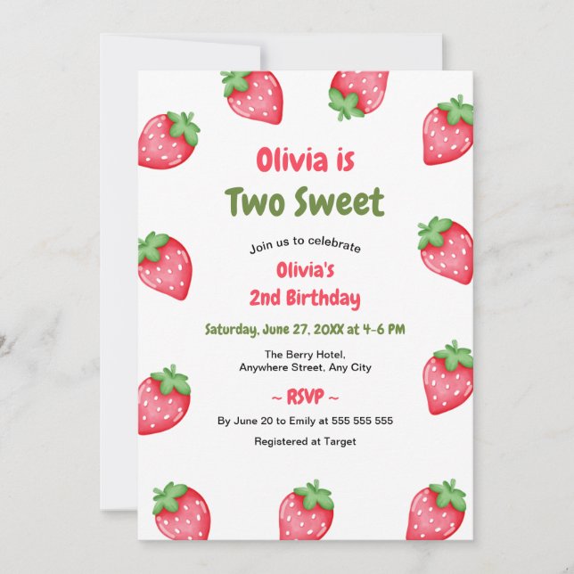 Convite Aniversário de 2 anos Two Sweet Morango Rosa e Ver (Frente)