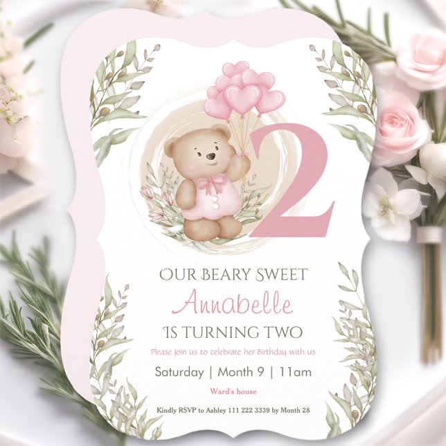 Convite Aniversário de 2 anos Urso Teddy Fofo Balões Coraç (2nd Birthday Cute Teddy Bear Heart Balloons Pink Invitation)