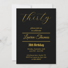 Convite Aniversário de 30 anos 30 preto simples e Dourado