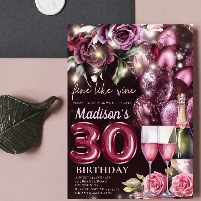 Convite Aniversário de 30 anos Adulto Vinho Magenta Luxo (Criador carregado)