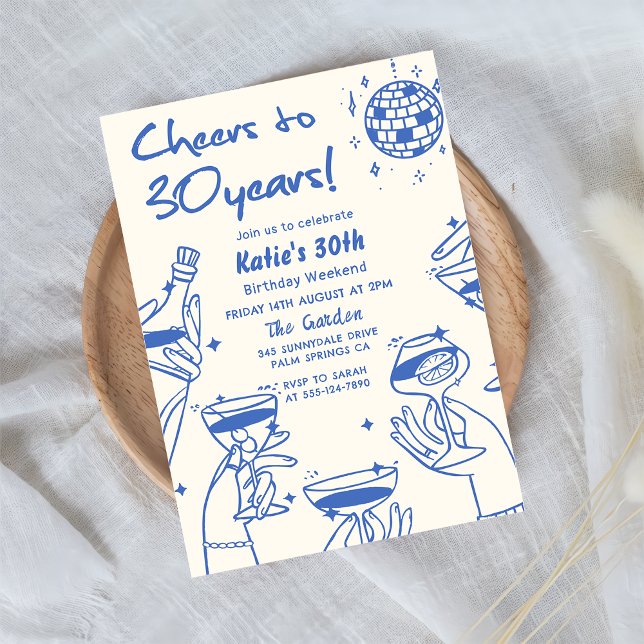 Convite Aniversário de 30 anos Azul Retro-Mão Desenhada Fu (Criador carregado)