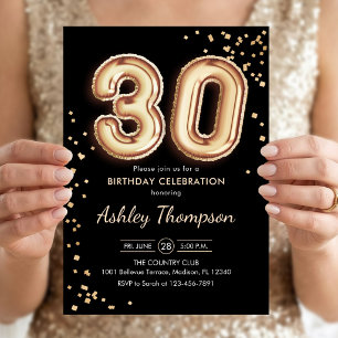 Convite aniversário de 30 anos - Balões Dourados Pretos