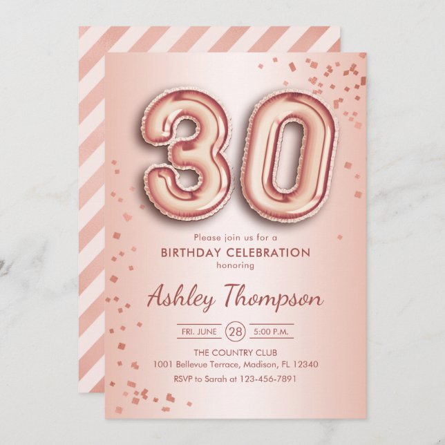 Convite aniversário de 30 anos - Balões Dourados Rosa (Frente/Verso)