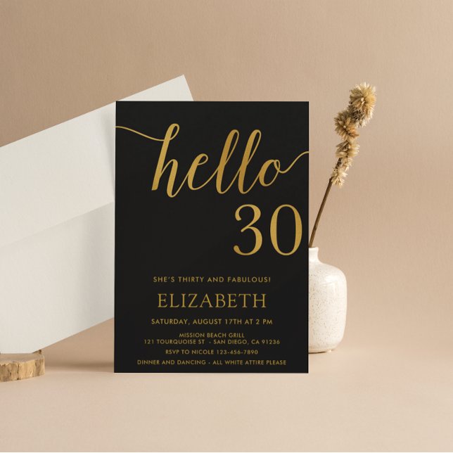 Convite aniversário de 30 anos Black e Dourado Hello 30 (Criador carregado)