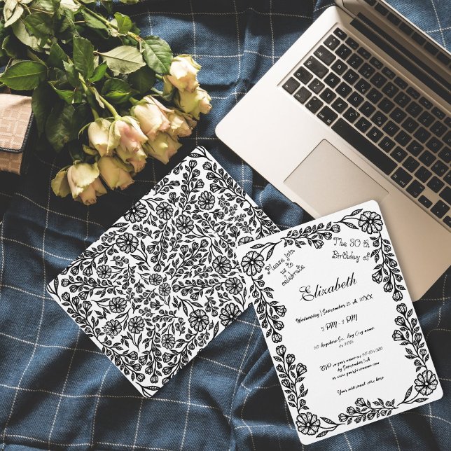 Convite Aniversário de 30 anos bobotânico branco e preto (Criador carregado)