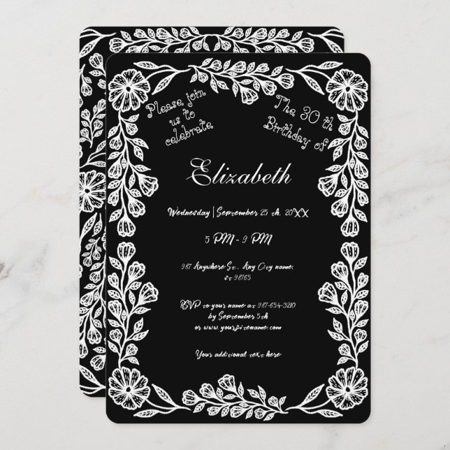 Convite Aniversário de 30 anos bobotânico preto e branco (Frente/Verso)