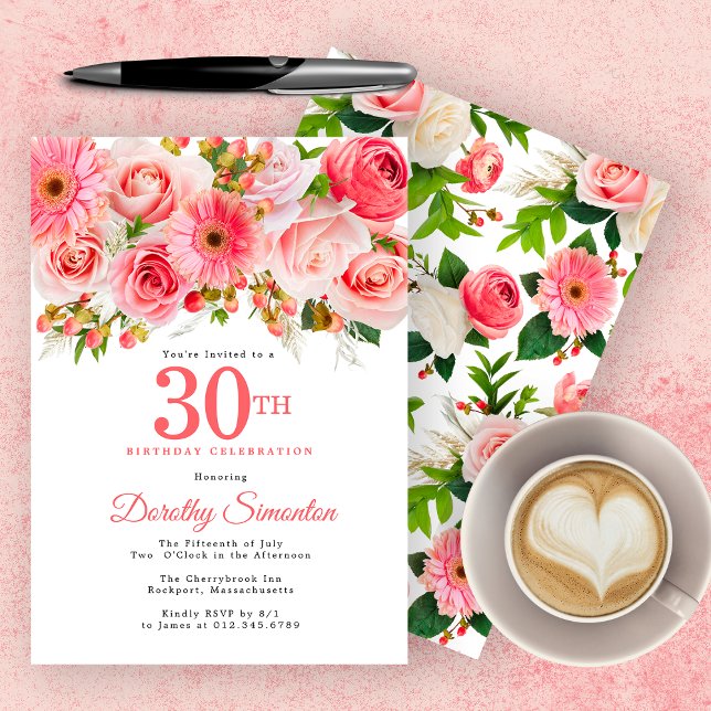 Convite Aniversário de 30 anos Bonito Floral Rosa-de-Verão (Criador carregado)