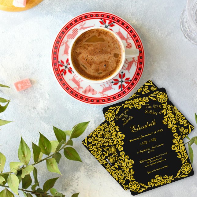 Convite Aniversário de 30 anos botânico preto e Dourado (Criador carregado)