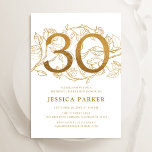 Convite Aniversário de 30 anos branco Dourado elegante<br><div class="desc">Convite de festas branco de ouro elegante. Design feminina moderna personalizável,  com sotaques botânicos rosas e ouro brilhante falso. Simples cartão de convite floral perfeito para uma comemoração de um na moda. Personalize com seus próprios detalhes. Impressos convites Zazzle ou modelo de impressão digital instantânea para download.</div>