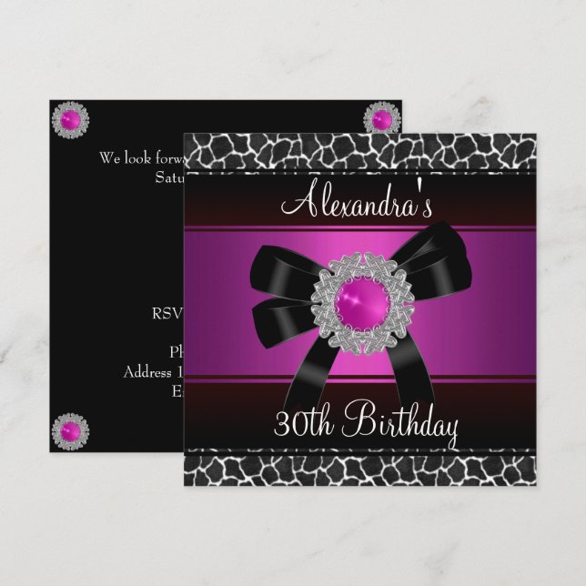 Convite aniversário de 30 anos Bright Rosa Girafa Silver j (Frente/Verso)