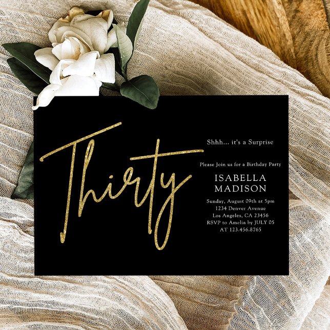 Convite Aniversário de 30 anos brilhante preto e Dourado (Simple Black and Gold Glitter 30th Birthday Invitation
)