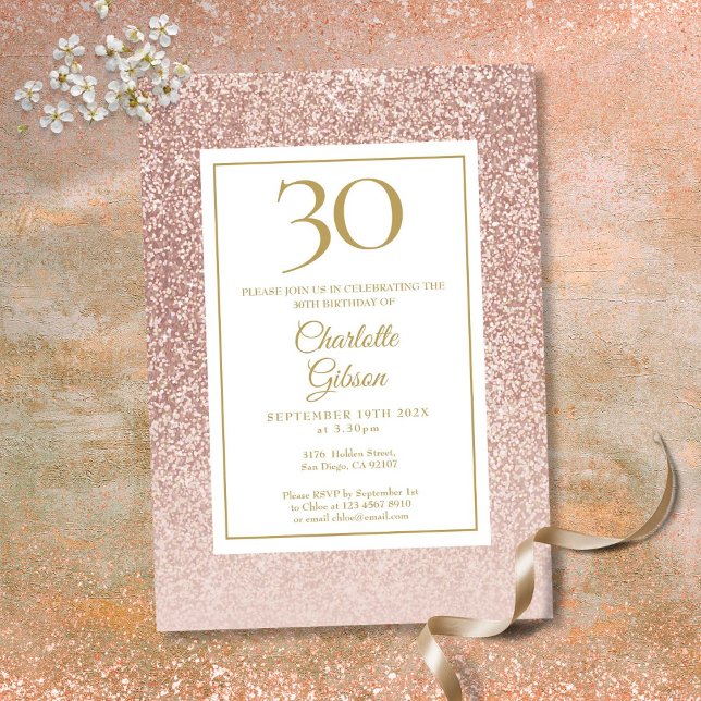 Convite Aniversário de 30 anos brilhante Rosa Dourado (Elegant Rose Gold Glitter 30th Birthday Invitation)