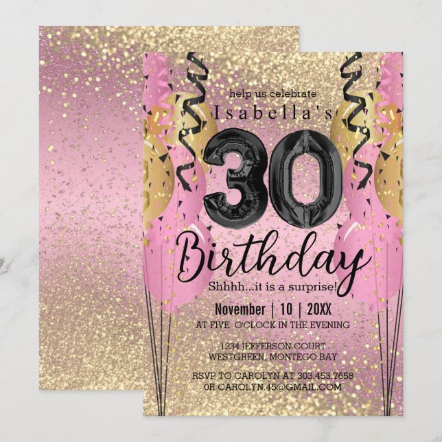 Convite Aniversário de 30 anos brilhante rosa e Dourado (Frente/Verso)