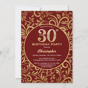 Convite aniversário de 30 anos Burgundy Red e Dourado Padr