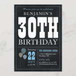 Convite aniversário de 30 anos Chalkboard Blue Balloon Rus<br><div class="desc">Convite de festas aniversário de 30 anos do Balão Azul Branco do Quadro de Vintagem Russo</div>