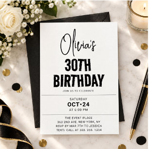 Convite Aniversário de 30 anos Chic & Minimalista com Letr