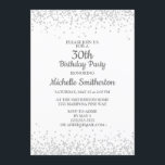 Convite Aniversário de 30 anos Clássico Elegante White Sil<br><div class="desc">Convite de festas clássico e elegante em branco com brilho prateado e fonte de caligrafia.</div>