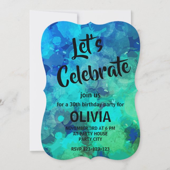 Convite Aniversário de 30 anos com tinta de álcool azul ro (Frente)