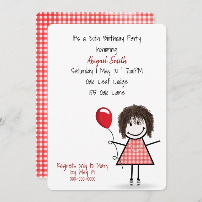Convite aniversário de 30 anos com um balão vermelho (Frente/Verso)