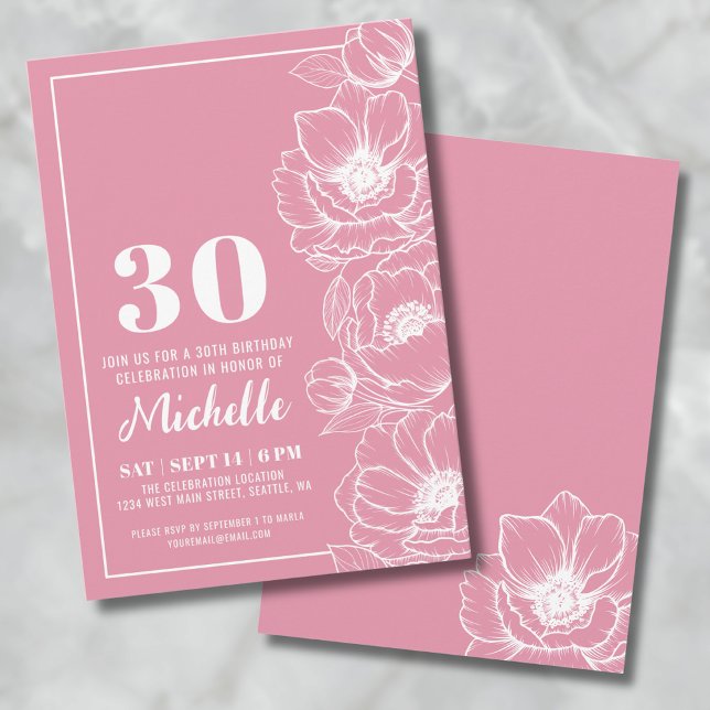 Convite Aniversário de 30 anos cor-de-rosa (Floral Pink 30th Birthday Invitation)