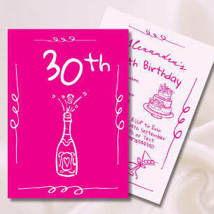 Convite aniversário de 30 anos, cor-de-rosa, desenhado à m