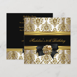 Convite aniversário de 30 anos Damask Dourado Floral Blac