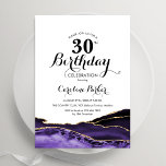 Convite Aniversário de 30 anos de Agate Dourado branco rox<br><div class="desc">Convite de festas branco roxo e aniversário de 30 anos de agate dourado. Elegante design moderno com aquarela agate marble geode background, faux glitter gold e typografia script font. Trendy convida o cartão perfeito para uma comemoração de dia das mulheres na moda. Impressos convites Zazzle ou modelo de impressão digital...</div>