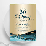 Convite aniversário de 30 anos de Agate Teal Dourado<br><div class="desc">Convite de festas de aniversário de 30 anos de chá e de ouro agata. Elegante design moderno com aquarela agate marble geode background, faux glitter gold e typografia script font. Trendy convida o cartão perfeito para uma comemoração de dia das mulheres na moda. Impressos convites Zazzle ou modelo de impressão...</div>