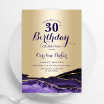 Convite aniversário de 30 anos de Agato Roxo Dourado<br><div class="desc">Convite de festas de aniversário de 30 anos de agato roxo e dourado. Elegante design moderno com aquarela agate marble geode background, faux glitter gold e typografia script font. Trendy convida o cartão perfeito para uma comemoração de dia das mulheres na moda. Impressos convites Zazzle ou modelo de impressão digital...</div>