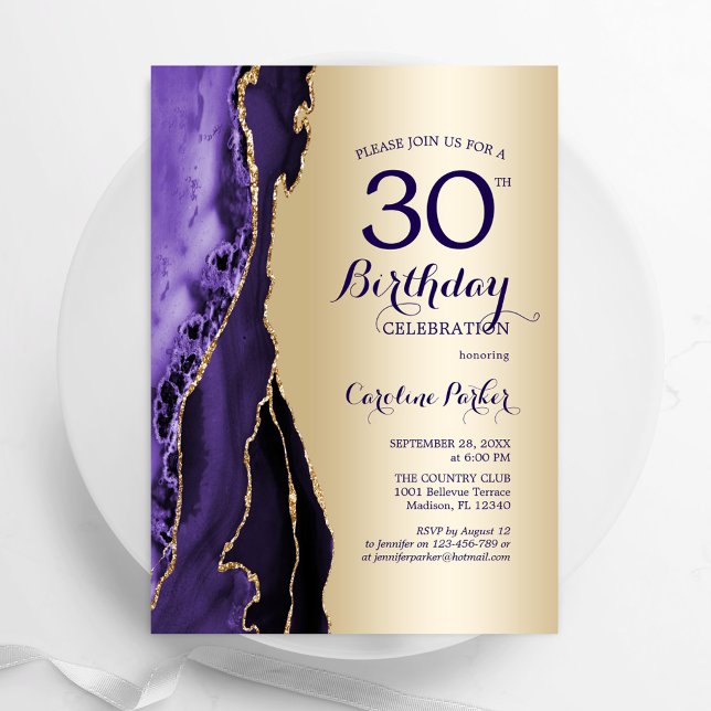 Convite Aniversário de 30 anos de Agato Roxo Elegante Dour (Criador carregado)