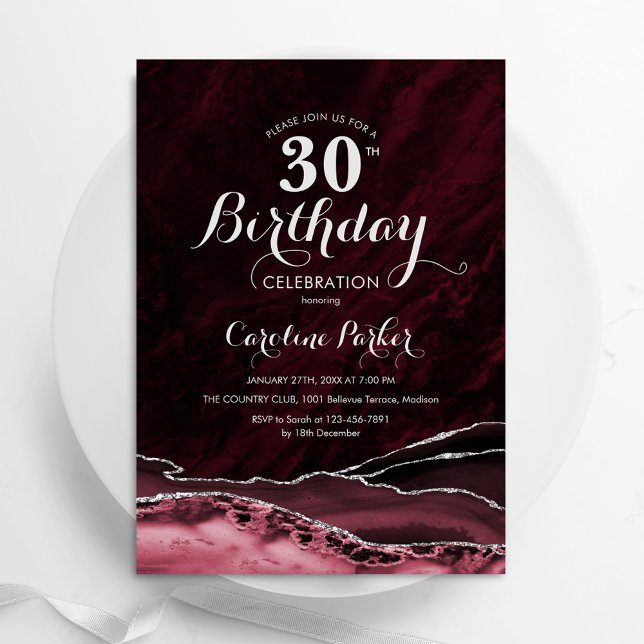 Convite Aniversário de 30 anos de Agato Silver Burgundy (Criador carregado)