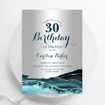 Convite Aniversário de 30 anos de Agato Teal de Prata<br><div class="desc">Convite de festas de aniversário de 30 anos de gás lacrimogêneo e prateado. Elegante design moderno com aquarela agate marble geode background, faux glitter prata e tipografia. Trendy convida o cartão perfeito para uma comemoração de dia das mulheres na moda. Impressos convites Zazzle ou modelo de impressão digital instantânea para...</div>