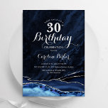 Convite aniversário de 30 anos de Agregação de Prata Azul<br><div class="desc">convite de festas aniversário de 30 anos azul marinho e agate prateado. Elegante design moderno com cor azul-real de água agate marble geode fundo, faux glitter prata e script de tipografia. Trendy convida o cartão perfeito para uma comemoração de dia das mulheres na moda. Impressos convites Zazzle ou modelo de...</div>