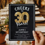 Convite Aniversário de 30 anos de Balões Dourados de Chalk<br><div class="desc">Celebrando a 30! Estes convites para aniversário de 30 anos são projetados com o título 'Saúde a 30 Anos!'. Apresentando um fundo calkboard rústico,  balões de hélio número 30,  tipografia branca moderna e uma simples modelo de festa de aniversário que é fácil de personalizar.</div>