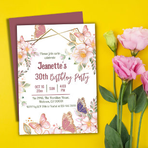Convite Aniversário de 30 anos de borboleta floral rosa el