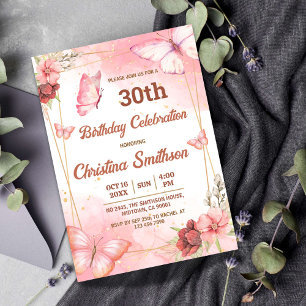 Convite Aniversário de 30 anos de borboleta floral rosa el