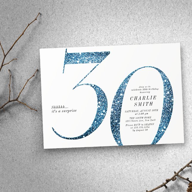Convite Aniversário de 30 anos de brilho azul moderno mini (Modern minimalist faux blue glitter 30th birthday invitation)