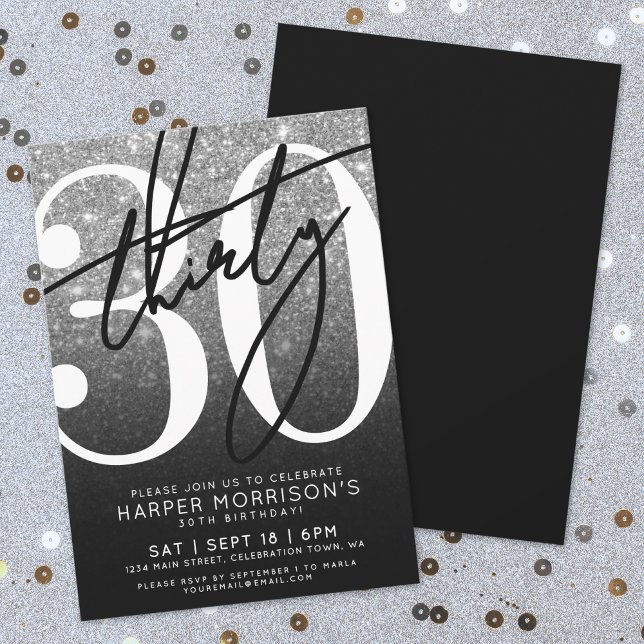 Convite Aniversário de 30 anos de brilho branco preto (Black White Glitter 30th Birthday Invitation)