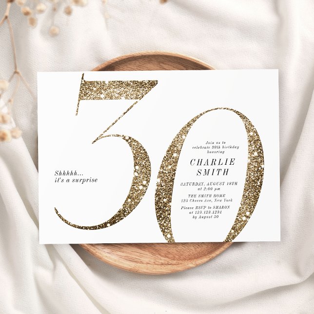 Convite Aniversário de 30 anos de brilho dourado moderno m (Modern minimalist faux gold glitter 30th birthday invitation)