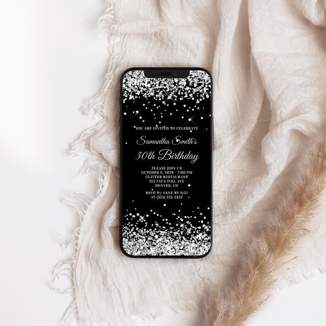 Convite Aniversário de 30 anos de brilho preto e prateado (Black and Silver Glitter 30th Birthday Invitation)