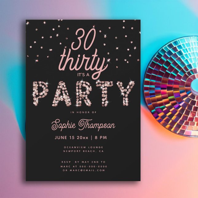 Convite Aniversário de 30 anos de Caligrafia Glam Rhinesto (So Pink Rhinestones Calligraphy 30th Birthday Invite for Women Black Classy Modern Elegant Chic)