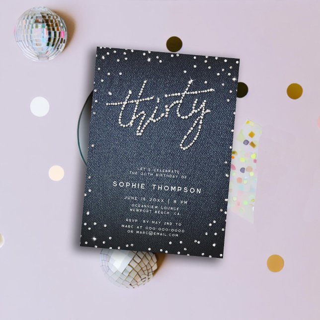 Convite Aniversário de 30 anos de Caligrafia Moderna Denim (denim diamonds 30th birthday invitation for women classy rhinestones modern elegant chic calligraphy)