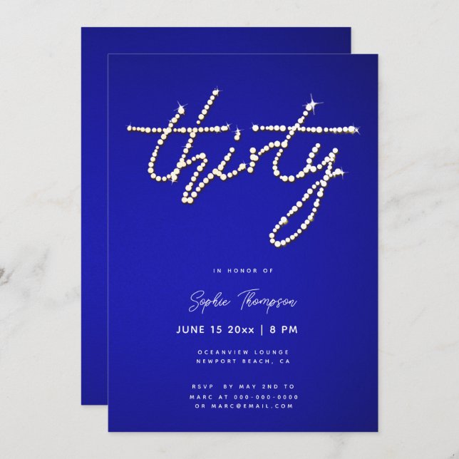 Convite Aniversário de 30 anos de Caligrafia Real Azul Rin (Frente/Verso)