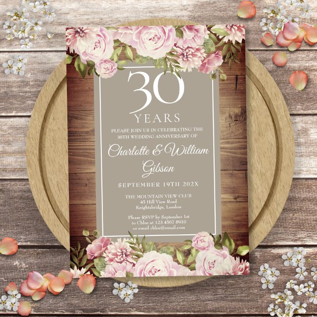 Convite Aniversário de 30 anos de Casamento Boho Rústico R (30th Wedding Anniversary Boho Rustic Roses Floral Invitation)