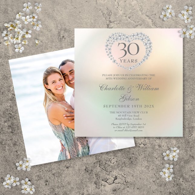 Convite Aniversário de 30 anos de Casamento Foto Quadrada  (30th Wedding Anniversary Photo Square Pearl Heart Invitation)