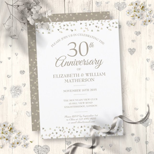 Convite Aniversário de 30 anos de Casamento Pérolas Coraçõ (30th Wedding Anniversary Pearl Hearts Confetti Invitation)