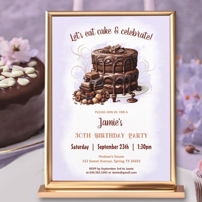 Convite Aniversário de 30 anos de Castanho-roxo, Deserto d (Chocolate Cake Purple Brown 30th Birthday Party Invitation)