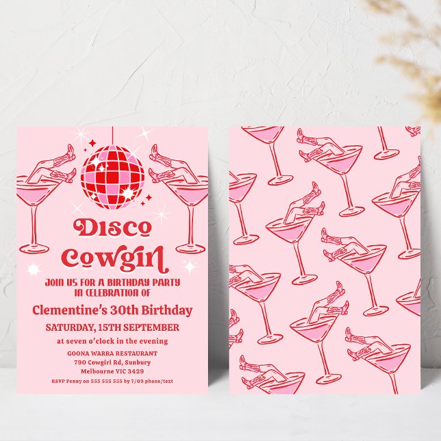 Convite Aniversário de 30 anos de Cowgirl Vermelha Retro-R (Retro Disco Cowgirl Birthday Invitation, Disco Ball, Disco Pink Cowgirl Birthday Invitation Template)