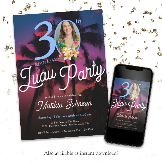 Convite Aniversário de 30 anos de Festas Personalizadas Mo (Fun 30th Birthday Luau Party Modern Custom Photo Invitation)