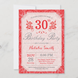 Convite Aniversário de 30 anos de Floral Vermelho para Mu